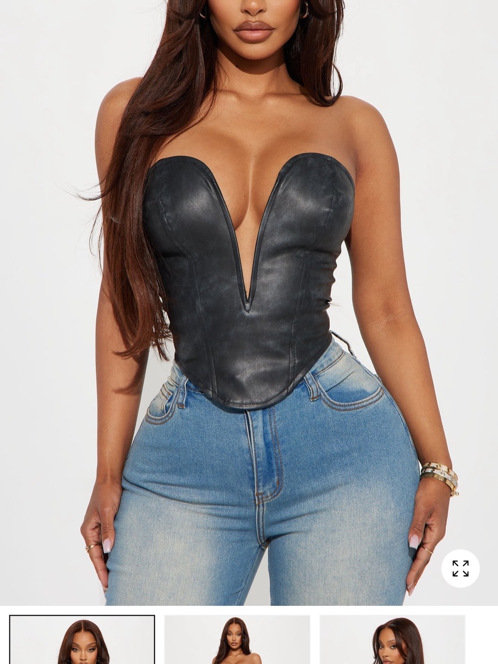 Fashion Nova Black Deep V Faux Leather Corset Top